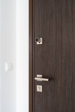 Ev girişinin dikey görüntüsü. Köşesinde alüminyum kilit ve sapı olan kapalı kahverengi kapı, beyaz duvar ve ışık düğmesi var. Modern iç mekan. Bir mülke giriş