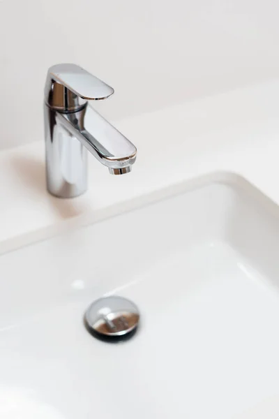 Selective Focus Shiny Stainless Steel Mixer Washbasin Bathroom Closeup New Royalty Free Stock Images