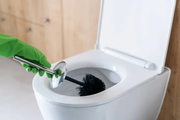 Close View Cleaning Disinfection White Ceramic Toilet Bowl Black Brush — Stock Photo, Image