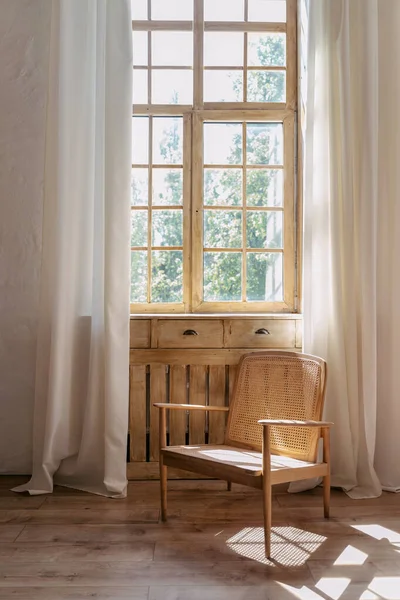 Stylish Interior Design Living Room Rattan Armchair Parquet Comfortable Chair — Stock Photo, Image