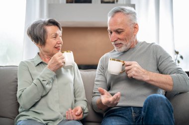 Yaşlı çift konuşuyor, otobüste oturuyor ve hafta sonları evde kahve içiyor. İnsanlar oturma odasındaki kanepede dinlenir ve dinlenir. Mutlu anlar kavramı. Birlikte çay içeceğiz.