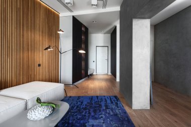 Rahat kanepe, kahve masası, yerde lamba halı ve ahşap panellerle dekore edilmiş doğal malzemeler. İskandinav iç mimarisi olan modern bir dairede oturma odası.
