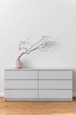 Gri modern klozetin dikey görüntüsü ahşap zemin üzerinde beyaz duvar arka planında oturma odasının şık iç kısmında. Mobilya elementinde kuru dallı seramik vazo. Minimalist ev dekorasyonu.