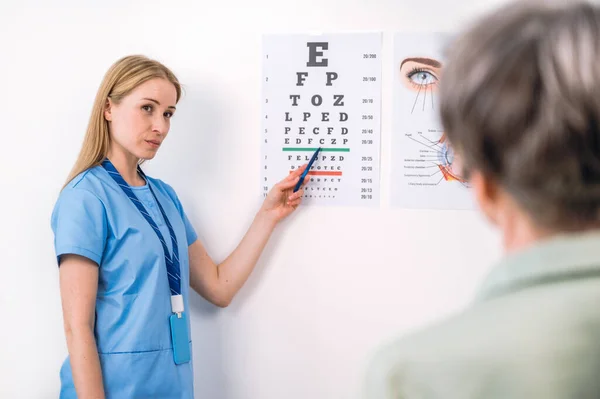 Concept of vision checkup at oculists appointment. Ophthalmologist checking sight of elderly woman with eye chart at doctors office. Patient at eyesight test in hospital