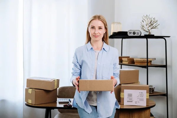Waist Portrait Woman Standing Home Office Holding Cardboard Box Online — Stock Photo, Image