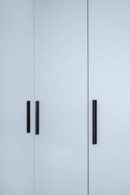 Kapalı kapısı olan ahşap mavi gardırobu kapat ve oturma odasında tut. Yeni modern zarif mobilyalar. Organize alan veya depolama için dolap veya dolap.