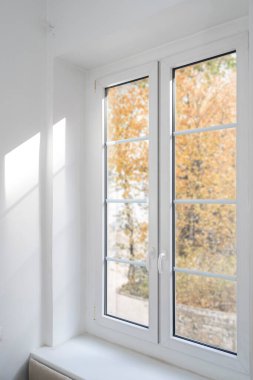 Yenilemeden sonra modern eve beyaz metal çerçeveli yeni plastik pvc pencere. Şeffaf camlar arasından ağaçtan dışarı bak.