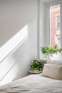 Rahat yatağı temiz çarşaflarla, yastıklarla, sehpalarla ve rahat otel odasının penceresinin yanındaki yeşil bitkilerle kapatın. Beyaz duvarlı, parlak bir daire.