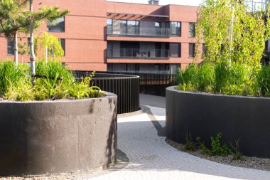 Büyük saksılarla dolu bir yol modern bir apartmana çıkıyor. Çatı katında yeşil bahçeli sakin bir vaha.