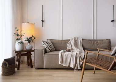 Modüler kanepe, konforlu mobilya, ev dekorasyonu, ahşap sehpa, yastıklı hasır sepet, yastık ve zarif sandalye. Tarafsız oturma odası, kanepe, yerde duran lamba.