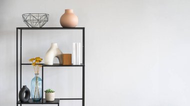 Gösterişli siyah bir raf ünitesinde dekoratif vazolar, bitkiler ve kitaplar sergilenerek çağdaş bir oturma odasının minimalist estetiği geliştiriliyor. Kopya alanı duvarına karşı kitaplık