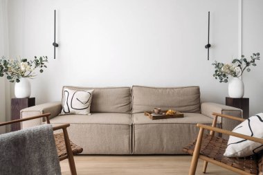 Rahat kanepenin önünde rattan koltuğu olan bir yer. Yastıklı kanepe ve beyaz fotokopi duvarına karşı kahvaltı tepsisi üzerinde kahve fincanı. Koltuk, modüler mobilya ve oturma odasında dekor.