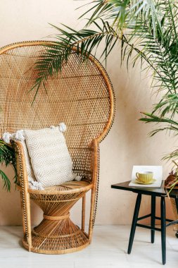 Dekoratif yastıklı, bohem şık bir sandalye canlı bitkilerle dolu parlak bir oturma odasındaki kahve masasının yanında oturup rahatlatıcı bir atmosfer yaratıyor..