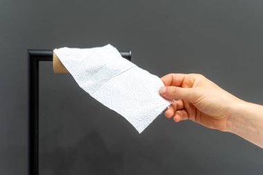 Banyodaki bir kadın temiz bir tuvalet kağıdına uzanır ve rulonun son parçasını çıkarır. Kişisel temizlik ve temizlik kavramları