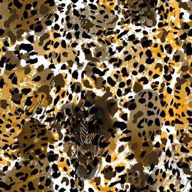 Soyut el çizimi leopar, zebra, geometrik ve fırça boyalı elementlerle kusursuz yılan deseni.