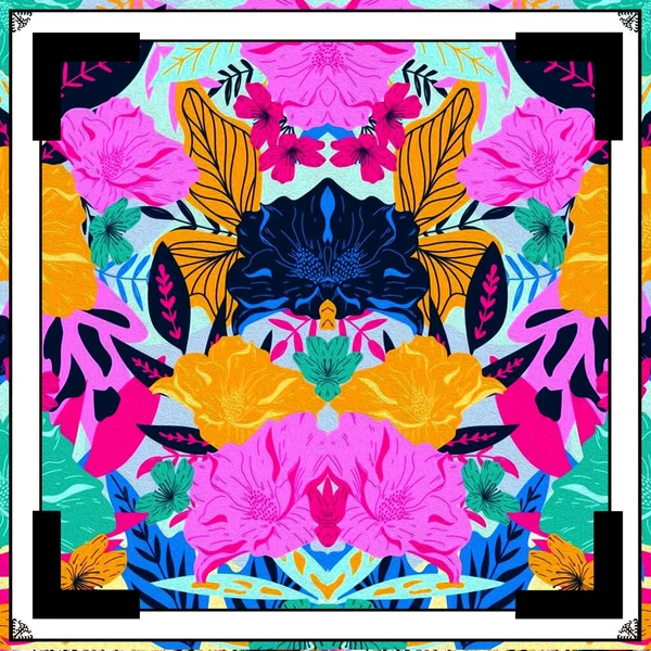 Motif Foulard Floral Coloré Avec Des Motifs Géométriques Sur Fond — Photo