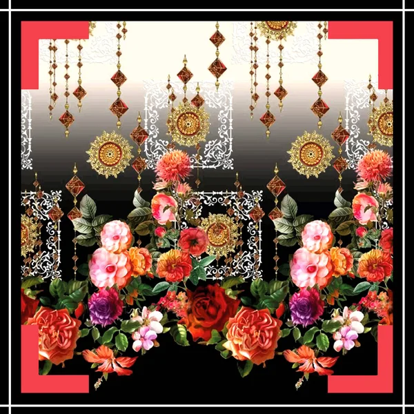 Colorful Floral Scarf Pattern Design Geometric Motifs Light Background Shawl — Stock Photo, Image