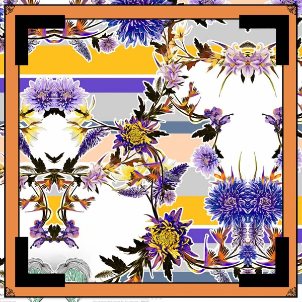 Tørklæde Design Med Abstrakt Blomst Mønster Beautiful Geometrisk Firkantet Tørklæde - Stock-foto