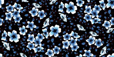 Koyu ve pürüzsüz desen. Bir daldaki küçük beyaz çiçeklerin soyut kompozisyonu. Mavi arka plan. Vektör illüstrasyonu.
