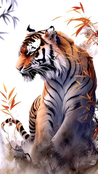 A tiger cartoon animal mascot tearing or ripping through the background