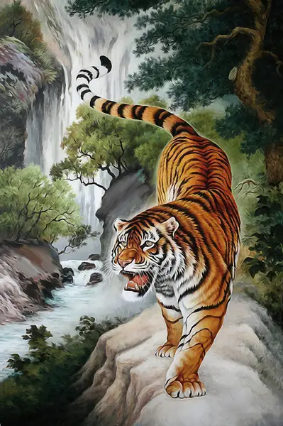 A tiger cartoon animal mascot tearing or ripping through the background