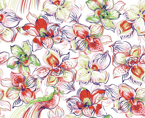 Vintage flowers sketch graphic illustration pattern.