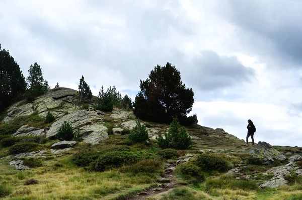 Junge Wanderin Beleuchtet Einem Bewölkten Tag Einen Steinigen Bergweg Sie — Stockfoto