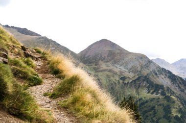 Dağ manzarasında bir patikaya yakın bir yerde. Dağın tepesinden manzara. Andorra 'da profesyonel olmayan yürüyüş yolu
