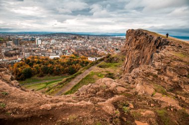 Edinburgh from the top of Arthurs Seat. Edinburgh mountains. View on old town. Scotland. UK.