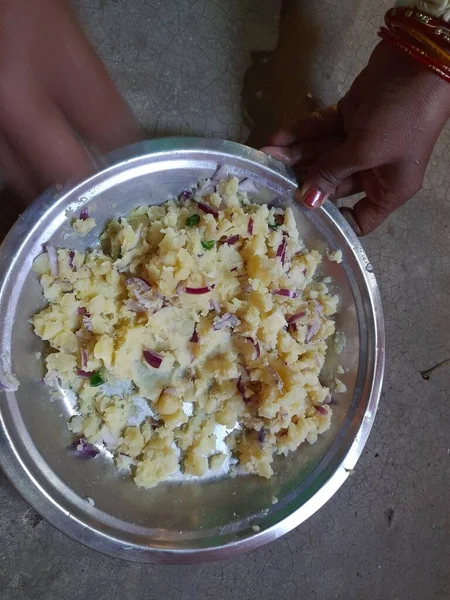 Πουρές Πατάτας Στο Πιάτο Ονομάζεται Allu Chokha Στο Hindi Top — Φωτογραφία Αρχείου