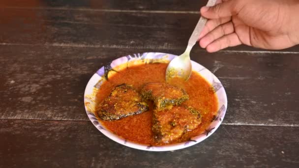 Вкусная Индийская Рыба Карри Традиционное Азиатское Блюдо Карри Индийская Кухня — стоковое видео