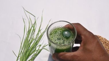 Beyaz arka planda buğday çimi suyu. Yeşil filizlenmiş buğday tanelerinin çimlerinden sağlıklı organik yeşil detoks suyu. Sağlıklı bir içki. Genç buğday ve buğday suyundan yeşil yapraklar. Yavaş çekim videosu. 