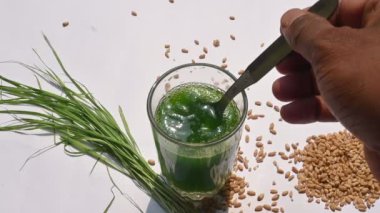 Beyaz arka planda buğday çimi suyu. Yeşil filizlenmiş buğday tanelerinin çimlerinden sağlıklı organik yeşil detoks suyu. Sağlıklı bir içki. Genç buğday ve buğday suyundan yeşil yapraklar. Yavaş çekim videosu. 