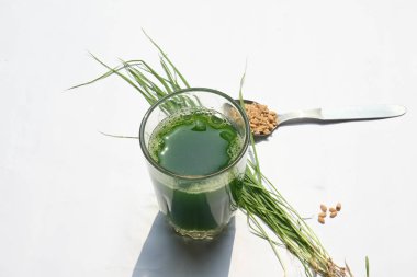 Beyaz arka planda buğday çimi suyu. Yeşil filizlenmiş buğday tanelerinin çimlerinden sağlıklı organik yeşil detoks suyu. Sağlıklı bir içki. Genç buğday ve buğday suyundan yeşil yapraklar.