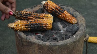 Kömür ocağında kızartılan mısır koçanları. Kömür ateşinde kavrulmuş mısır koçanları. Yanmış altın rengi mısır koçanı duman ve alevle ızgara olur. Sıcak sobada kızartılmış. Yavaş çekim videosu. 