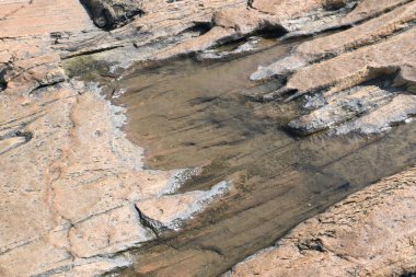Su kayanın yüzeyinde toplandı. Kaya kahverengi ve pürüzsüz. Tepe bölgelerinde, muson mevsiminde, yağmur suyu bu kayalıklarda toplanır. Kayanın tepesindeki küçük su birikintisi.