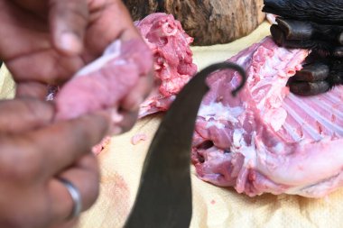 Keçi eti doğrama. Hint köyündeki geleneksel demir aletlerden taze çiğ ya da pişmemiş koyun eti. Keçi etini küçük parçalara ayırmak..
