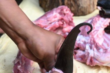 Keçi eti doğrama. Hint köyündeki geleneksel demir aletlerden taze çiğ ya da pişmemiş koyun eti. Keçi etini küçük parçalara ayırmak..