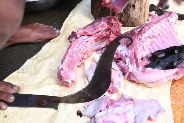 Keçi eti doğrama. Hint köyündeki geleneksel demir aletlerden taze çiğ ya da pişmemiş koyun eti. Keçi etini küçük parçalara ayırmak..