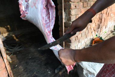 Keçi eti doğrama. Hint köyündeki geleneksel demir aletlerden taze çiğ ya da pişmemiş koyun eti. Keçi etini küçük parçalara ayırmak..