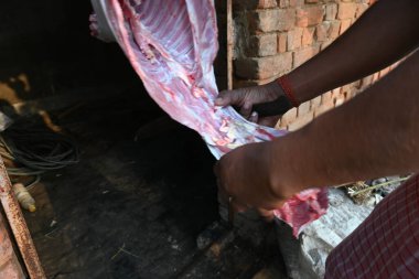 Keçi eti doğrama. Hint köyündeki geleneksel demir aletlerden taze çiğ ya da pişmemiş koyun eti. Keçi etini küçük parçalara ayırmak..