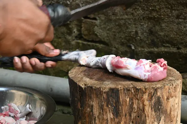 Tahtada keçi eti doğramak. Hint köyündeki geleneksel demir aletlerden taze çiğ ya da pişmemiş koyun eti. Keçi etini küçük parçalara ayırmak..