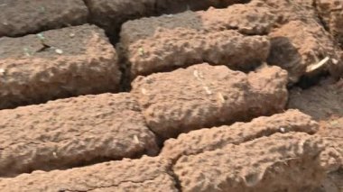 Çiğ kil tuğlalar suya batırılmış. Kurumuş çamur tuğlaları, yağmur suyunda ıslanarak mahvolmuş. Tuğla üretimi.