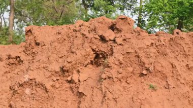 Toprak yığını. Toprak çıkarıldı ve kil tuğla haline getirildi. Doğal ortamda kırmızı toprak.