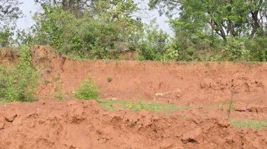 Toprak yığını. Toprak çıkarıldı ve kil tuğla haline getirildi. Doğal ortamda kırmızı toprak.