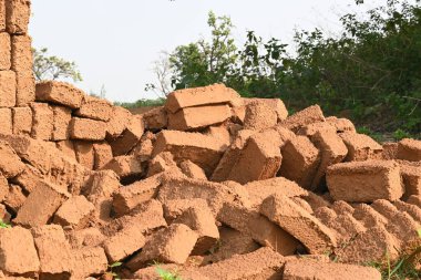 Çiğ kil tuğlalar suya batırılmış. Kurumuş çamur tuğlaları, yağmur suyunda ıslanarak mahvolmuş. Tuğla üretimi.