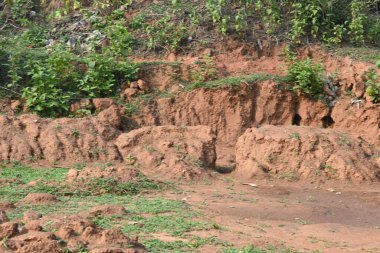 Toprak yığını. Toprak çıkarıldı ve kil tuğla haline getirildi. Doğal ortamda kırmızı toprak.