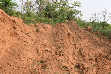Toprak yığını. Toprak çıkarıldı ve kil tuğla haline getirildi. Doğal ortamda kırmızı toprak.