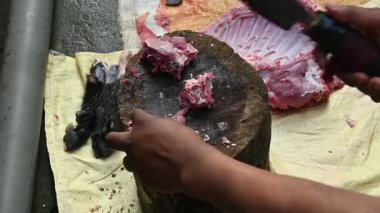 Keçi eti doğrama. Hint köyündeki geleneksel demir aletlerden taze çiğ ya da pişmemiş koyun eti. Keçi etini küçük parçalara ayırmak. Yavaş çekim videosu. 