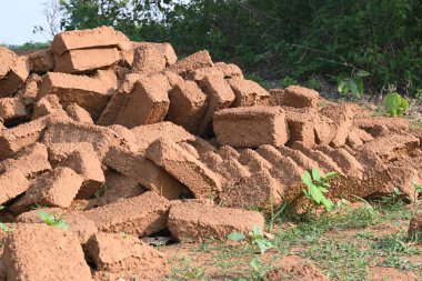 Çiğ kil tuğlalar suya batırılmış. Kurumuş çamur tuğlaları, yağmur suyunda ıslanarak mahvolmuş. Tuğla üretimi.